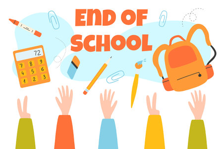 End of school. Poster banner end of school. Last day of school Graduates throw school items in the...