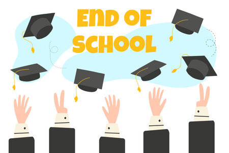 Lettering Graduate 2023. Class of 2023. End of school or last day of school. Caps of graduates fly into the sky.Vector illustration. Flat cartoon style.のイラスト素材