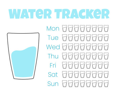 Water tracker vector template. . drinking water checklist. Water tracker with cool water glass. vector illustration. Doodle style.のイラスト素材