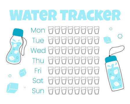 Water tracker vector template. . drinking water checklist. Water tracker with cool water bottle. vector illustration. Doodle style.のイラスト素材