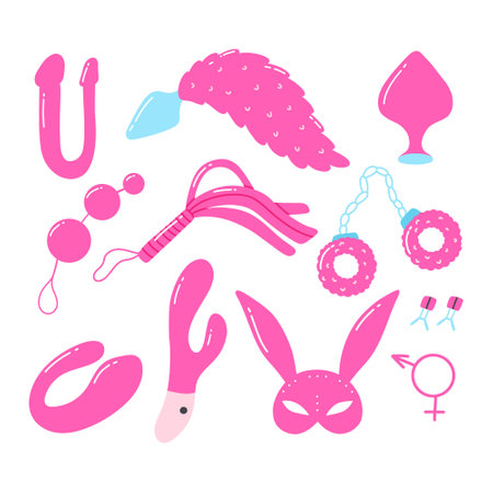 Set of sex toys. Collection of toys for adults. Vector illustration. Flat style. Sex shop set. Erotic elements set. BDSM toys.のイラスト素材