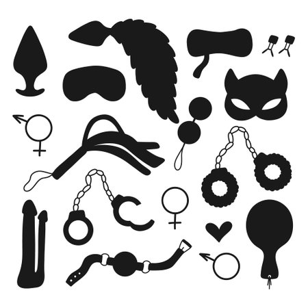 Set of sex toys. Collection of toys for adults. Vector illustration. Silhouette style.Sex shop set. Set of erotic elements. BDSM toys.のイラスト素材