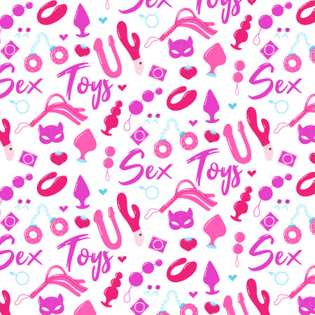 Seamless pattern with sex toys. Print for sex shop. Pattern with sex toys. Vector illustration. Flat style.のイラスト素材