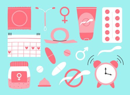 Types of contraception. Pills, calendar, patch, condom and coil. Vector illustration in a flat style. Poster with contraception.World contraception day. Methods of contraception.のイラスト素材