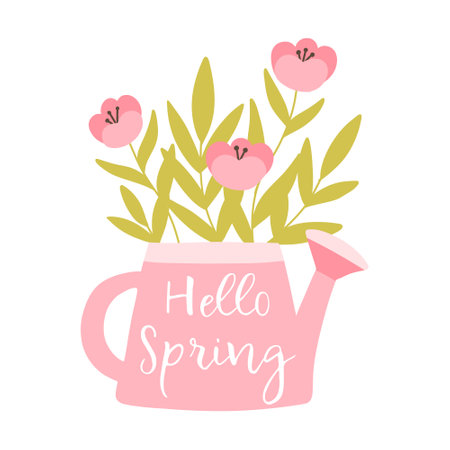 Hi spring. Spring lettering on a watering can with flowers. Vector illustration. Flat hand drawn style. Illustration of a watering can with plants.のイラスト素材