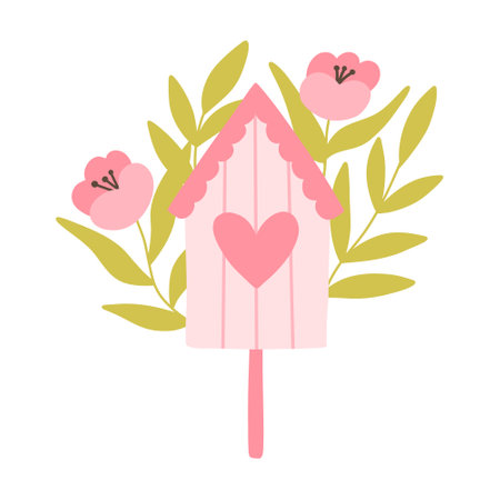 Birdhouse with flowers. Cute birdhouse with blooming flowers. Vector illustration. Flat hand drawn style. The beginning of spring.のイラスト素材