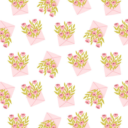 Seamless pattern with envelope and flowers. Vector illustration. Flat hand drawn style. Spring print with letter and leaves.のイラスト素材