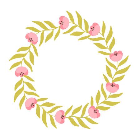 Round frame made of flowers. Spring frame with blooming flowers and leaves. Vector illustration. Flat hand drawn style.のイラスト素材