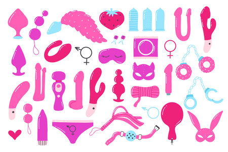 Set of sex toys. Collection of toys for adults. Vector illustration. Flat style. Sex shop set. Erotic elements set. BDSM toys.のイラスト素材