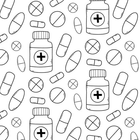 Seamless pattern with pills, vitamins and capsules. Medical print with drugs. Vector illustration. Doodle style.のイラスト素材