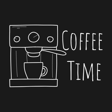 Coffee time in doodle style. Vector illustration. Lettering coffee time. Coffee break. Linear style. Coffee machine.のイラスト素材