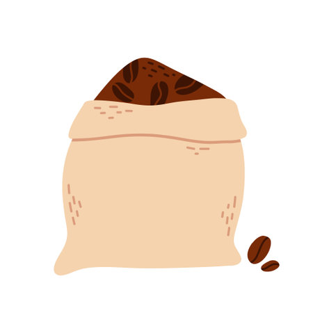 Bag with coffee beans in flat style. Vector illustration. Isolated package with coffee in hand drawn style.のイラスト素材