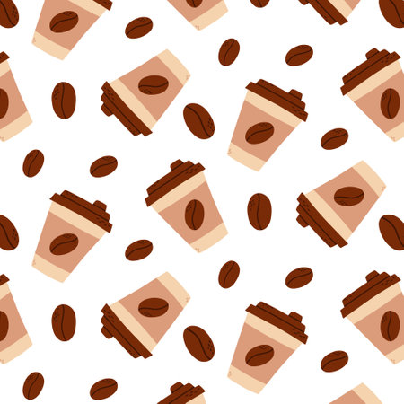 Seamless pattern with a cup of coffee. Vector illustration. Printed paper cup with coffee and coffee beans.のイラスト素材