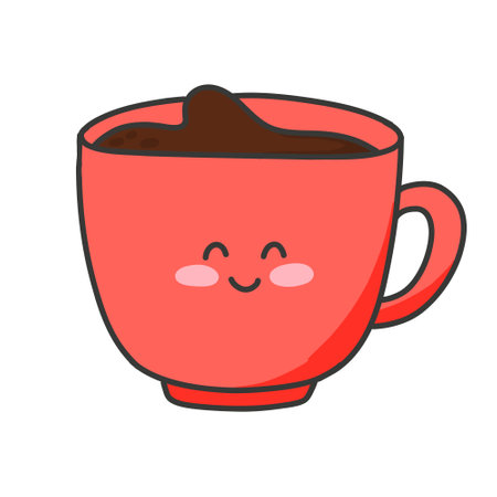 Coffee mug in kawaii style. Vector illustration. Isolated mug with tea, coffee, cocoa in cartoon style. Bright flat illustration. Mug character.のイラスト素材