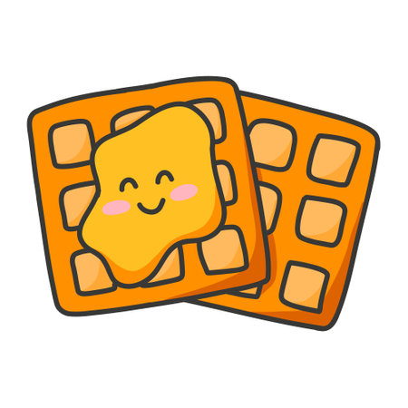 Homemade waffles with jam, honey or maple syrup kawaii style. Vector illustration. Waffle character in cartoon style. Breakfast.のイラスト素材