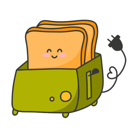 Kawaii style toaster. Vector illustration. Toaster with toast character. Good morning. Toasts with a smile in cartoon style.のイラスト素材