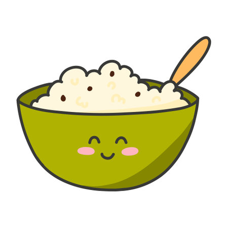 A plate of porridge in kawaii style. Vector illustration. Breakfast in cartoon style. Muesli character with a smile.のイラスト素材