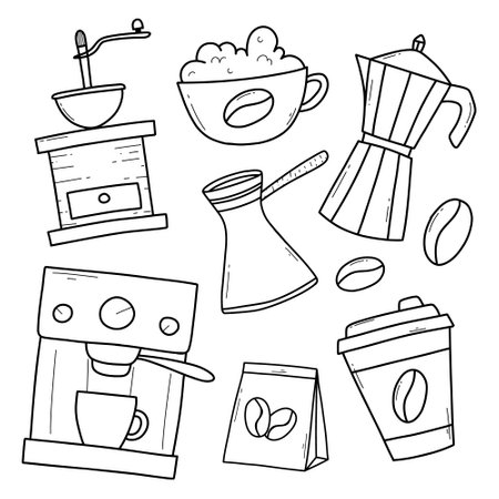 Set of coffee in doodle style. Linear collection of elements for making coffee. Vector illustration. Coffee time. Coffee grinder, maker, machine, beans,cup.のイラスト素材