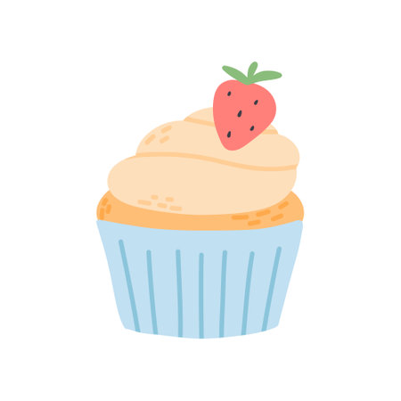 Muffin with cream and berries. Vector illustration . Cupcake isolated on white background. Doodle muffin for tea.のイラスト素材