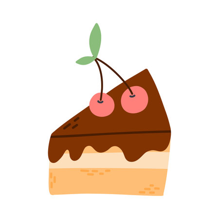 A piece of chocolate cake in a flat style. Vector illustration. Cake with cherry isolated on white...
