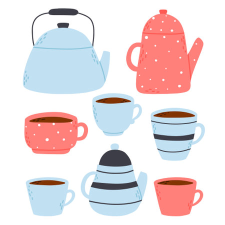 Set of cups and teapots in flat style. Collection of tea utensils. Vector illustration.のイラスト素材