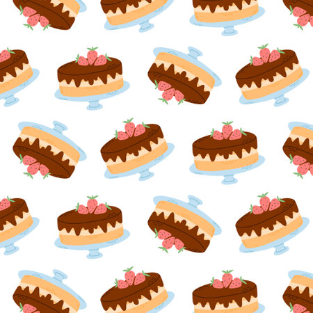 Seamless pattern with chocolate cake. Print with cake and strawberries. Vector illustration. Flat style.のイラスト素材