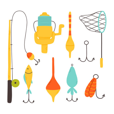 Set of elements for fishing.Collection of tackle and lures for fishing. Vector illustration. Flat style. Bright set for summer fishing.のイラスト素材