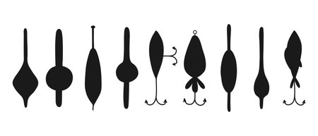 Collection of tackle and lures for fishing in silhouette style. Vector illustration.Set of silhouettes for fishing.のイラスト素材