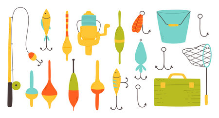 Set of elements for fishing.Collection of tackle and lures for fishing. Vector illustration. Flat style. Bright set for summer fishing.のイラスト素材