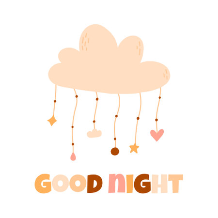 Childrens card, poster, postcard good night. Boho style. Vector illustration. Cloud with pendants.のイラスト素材