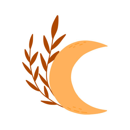 Moon with leaves in boho style. Vector illustration. Month with branches isolated on white background. Flat style.のイラスト素材