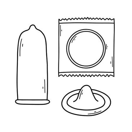 Set of condoms in doodle style. Vector illustration. Collection of different types of condoms. Linear style. Type of contraception.のイラスト素材