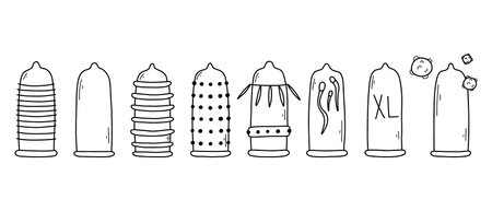 Set of condoms in doodle style. Vector illustration. Collection of different types of condoms. Linear style. Type of contraception.のイラスト素材