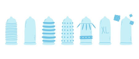 Set of condoms in flat style. Vector illustration. Collection of different types of condoms.のイラスト素材