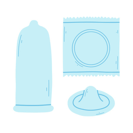 Set of condoms in flat style. Vector illustration. Collection of different types of condoms. Hand drawn style.のイラスト素材