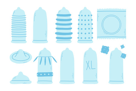 Set of condoms in flat style. Vector illustration. Collection of different types of condoms. Hand drawn style.のイラスト素材