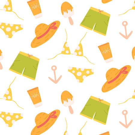 Seamless pattern with swimsuit, hat, cream. Summer pattern in flat style. Hand drawn summer print. Vector illustration.のイラスト素材