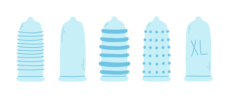 Set of condoms in flat style. Vector illustration. Collection of different types of condoms. Hand drawn style. Type of contraception.のイラスト素材