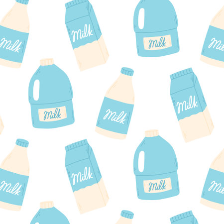 Seamless pattern with bottles and packages of milk. Vector illustration. Dairy print. Flat style.のイラスト素材