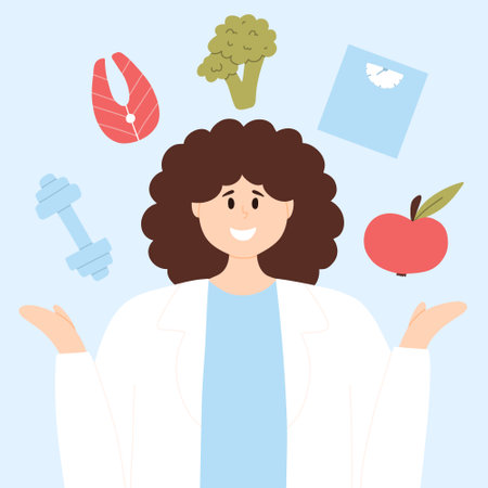 Family Dietitian. Vector illustration. Flat style. Nutritionist doctor concept. Doctor consultation. Healthy food. Diet plan.のイラスト素材