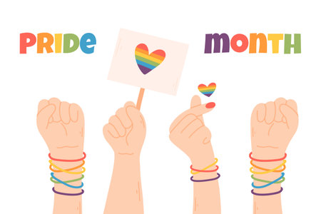 Set of LGBT hands up. Vector illustration. Flat style. Hand drawn collection of lgbt elements. Pride month.のイラスト素材