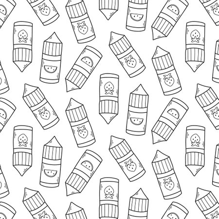 Seamless pattern with vape liquid. Vector illustration. Doodle style. Print with electronic cigarettes.のイラスト素材