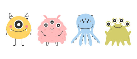 Set with cute monsters in flat style. Hand drawn kids monsters. vector illustration. Isolated mascot.のイラスト素材