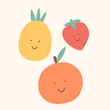 Childish print with retro fruits. Vector illustration. Groovy print with pineapple, orange, strawberry.のイラスト素材