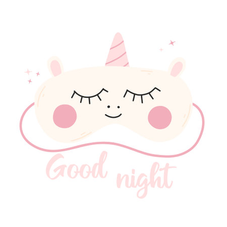 Sleep mask unicorn. Lettering time to sleep. Vector illustration. Flat style. Kids lettering.のイラスト素材