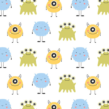 Childish seamless pattern with cute monster. Vector illustration. Kids print in Scandinavian style. Flat style.のイラスト素材