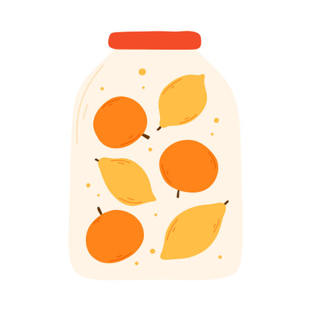 A jar of homemade orange jam. citrus jam. Jar of jam isolated on white background. Vector illustration in a flat style.のイラスト素材