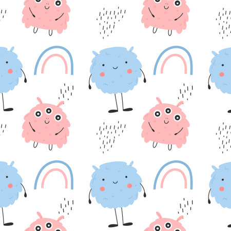 Childish seamless pattern with cute monster. Vector illustration. Kids print in Scandinavian style. Flat style.のイラスト素材