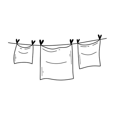 Clothes on a rope in doodle style. Vector illustration. Clean clothes dry on a line.のイラスト素材