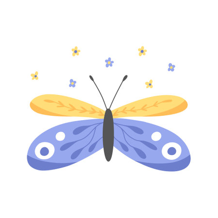 Butterfly poster in flat style. Vector illustration. Hand-drawn butterfly with flowers.のイラスト素材